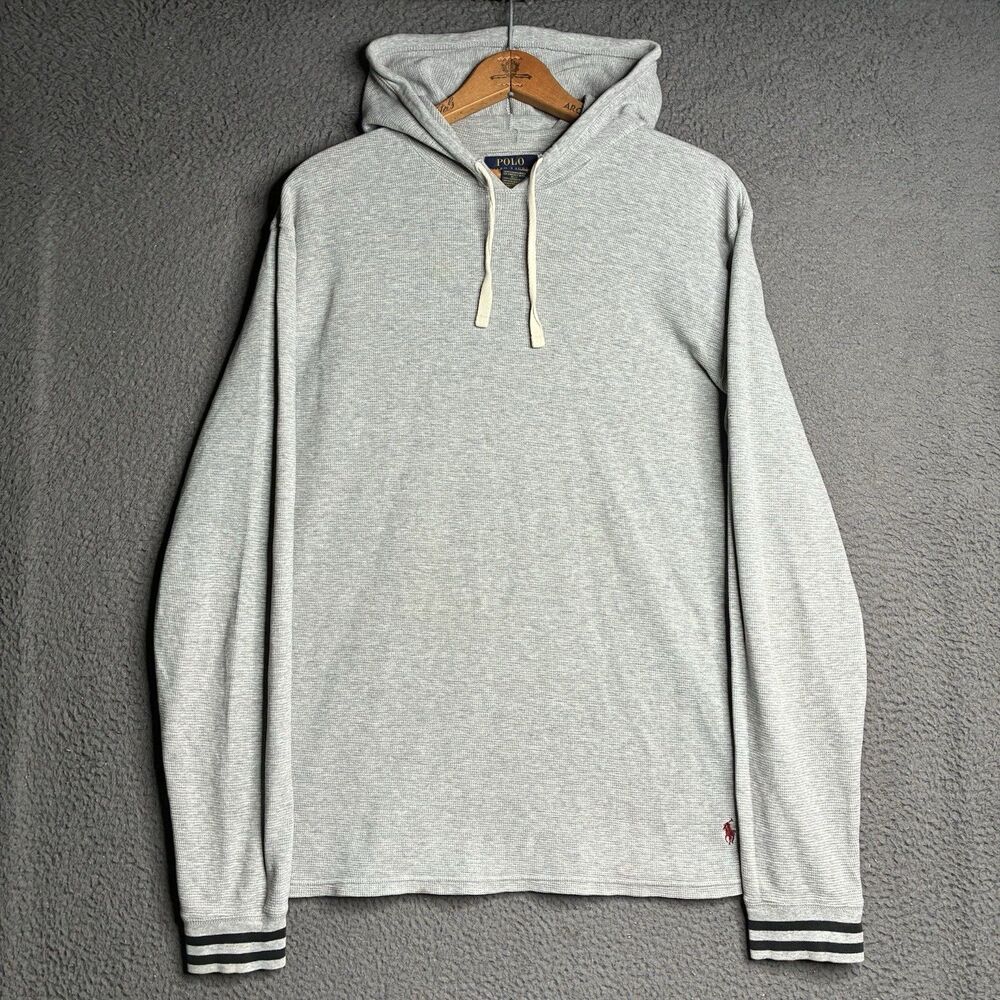 Polo Ralph Lauren Lightweight Hoodie Mens Large Gray Pony Pullover Waffle Knit